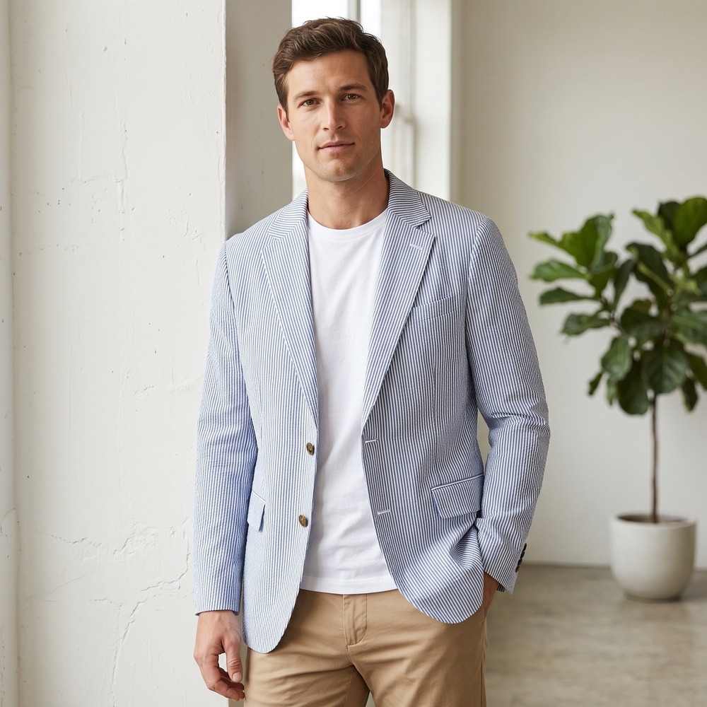 Bonobos Mens Blazer 42R Blue Seersucker Slim Fit Striped Italian Fabric Preppy